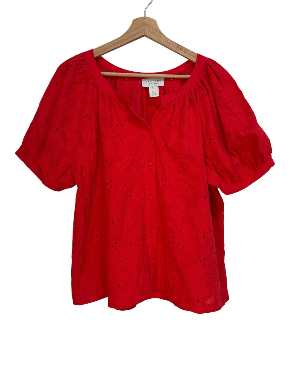 Calypso St Barth Eyelet Floral Embroidery Blouse Top Women Large Red Puff Sleeve